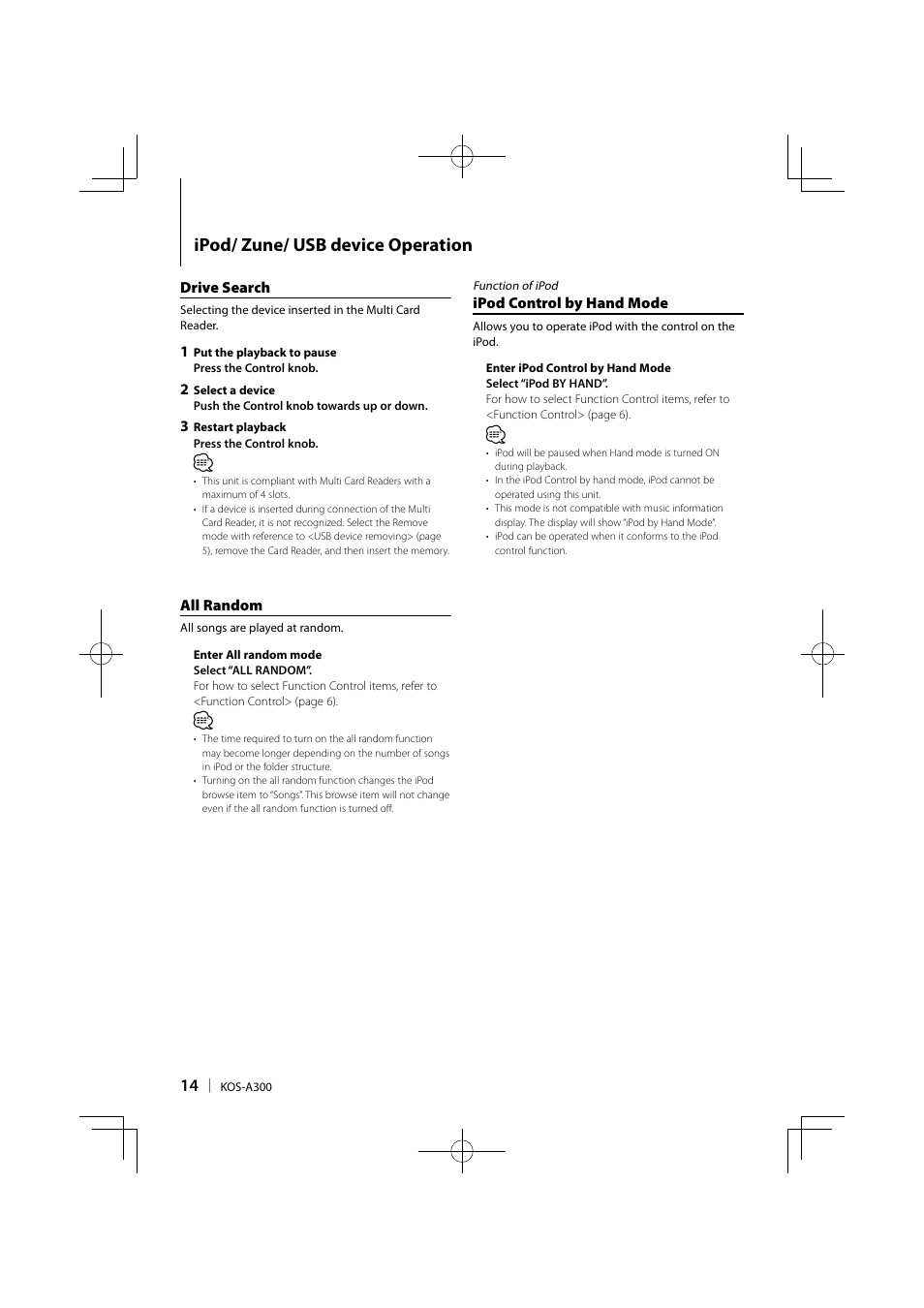 Ipod/ zune/ usb device operation | Kenwood KOS-A300 User Manual | Page 14 / 44