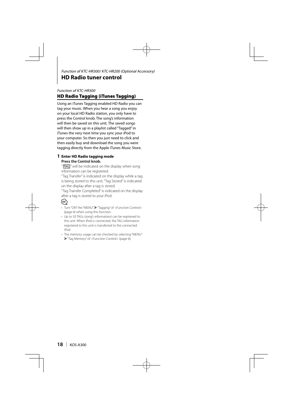 Hd radio tuner control | Kenwood KOS-A300 User Manual | Page 18 / 44