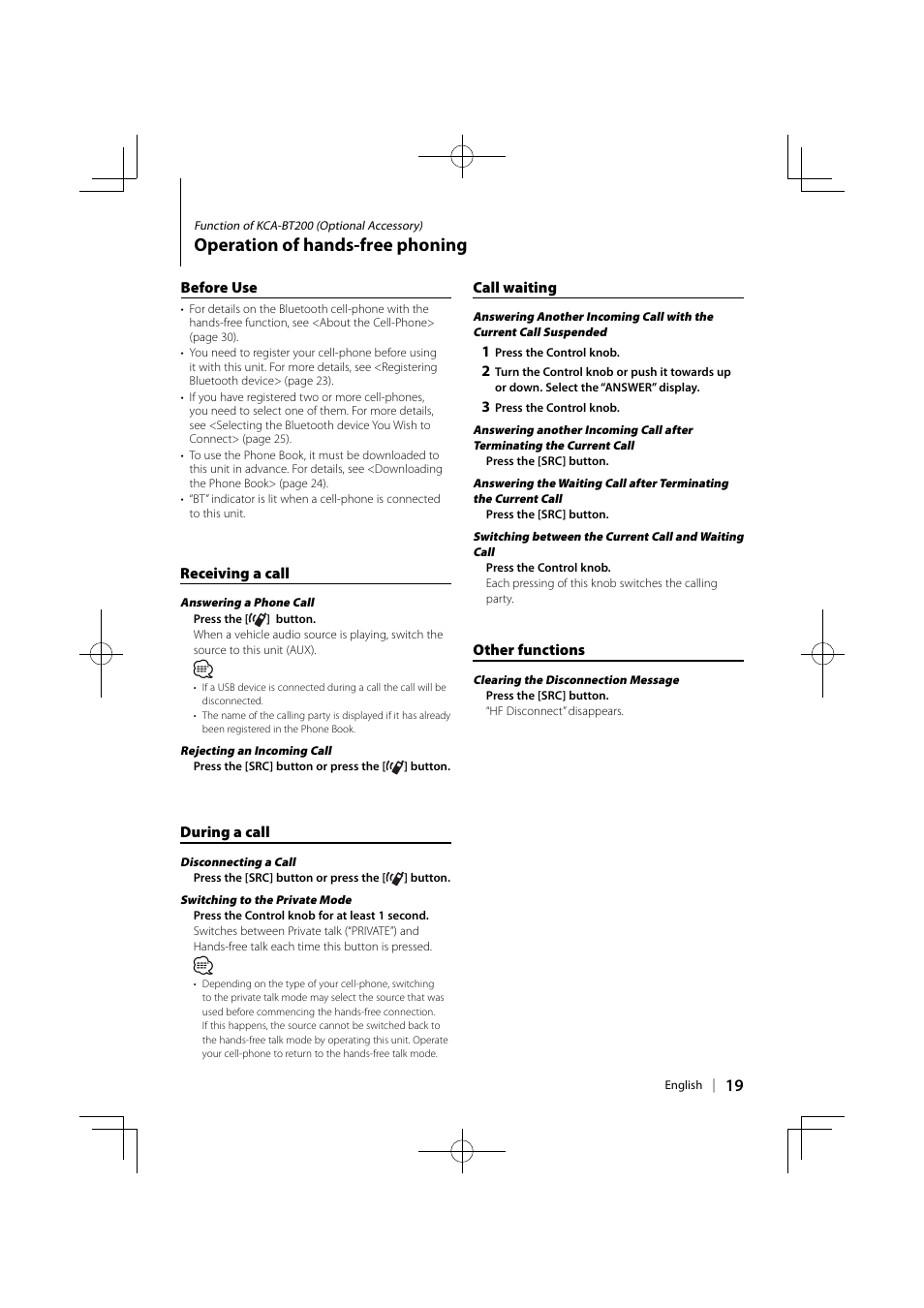 Operation of hands-free phoning | Kenwood KOS-A300 User Manual | Page 19 / 44