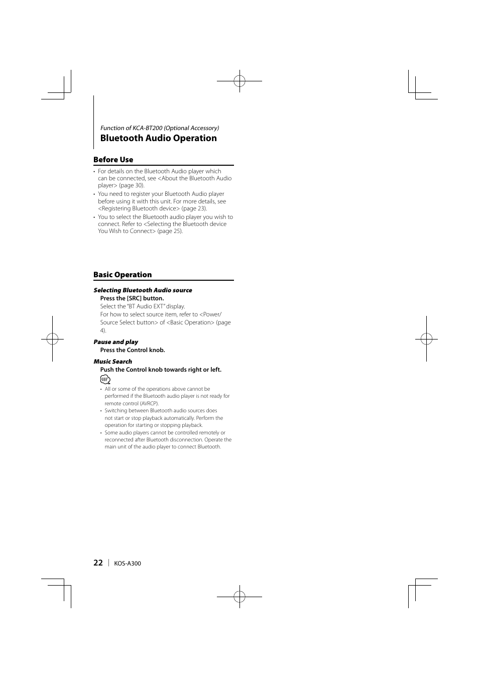 Bluetooth audio operation | Kenwood KOS-A300 User Manual | Page 22 / 44