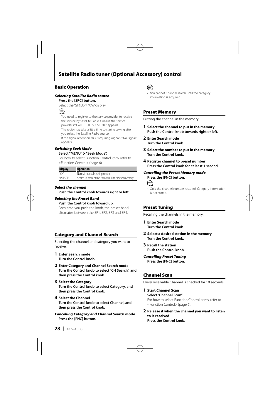 Satellite radio tuner (optional accessory) control | Kenwood KOS-A300 User Manual | Page 28 / 44