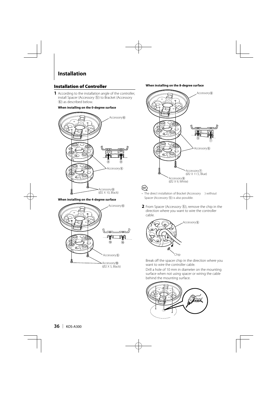 Installation, Installation of controller 1 | Kenwood KOS-A300 User Manual | Page 36 / 44