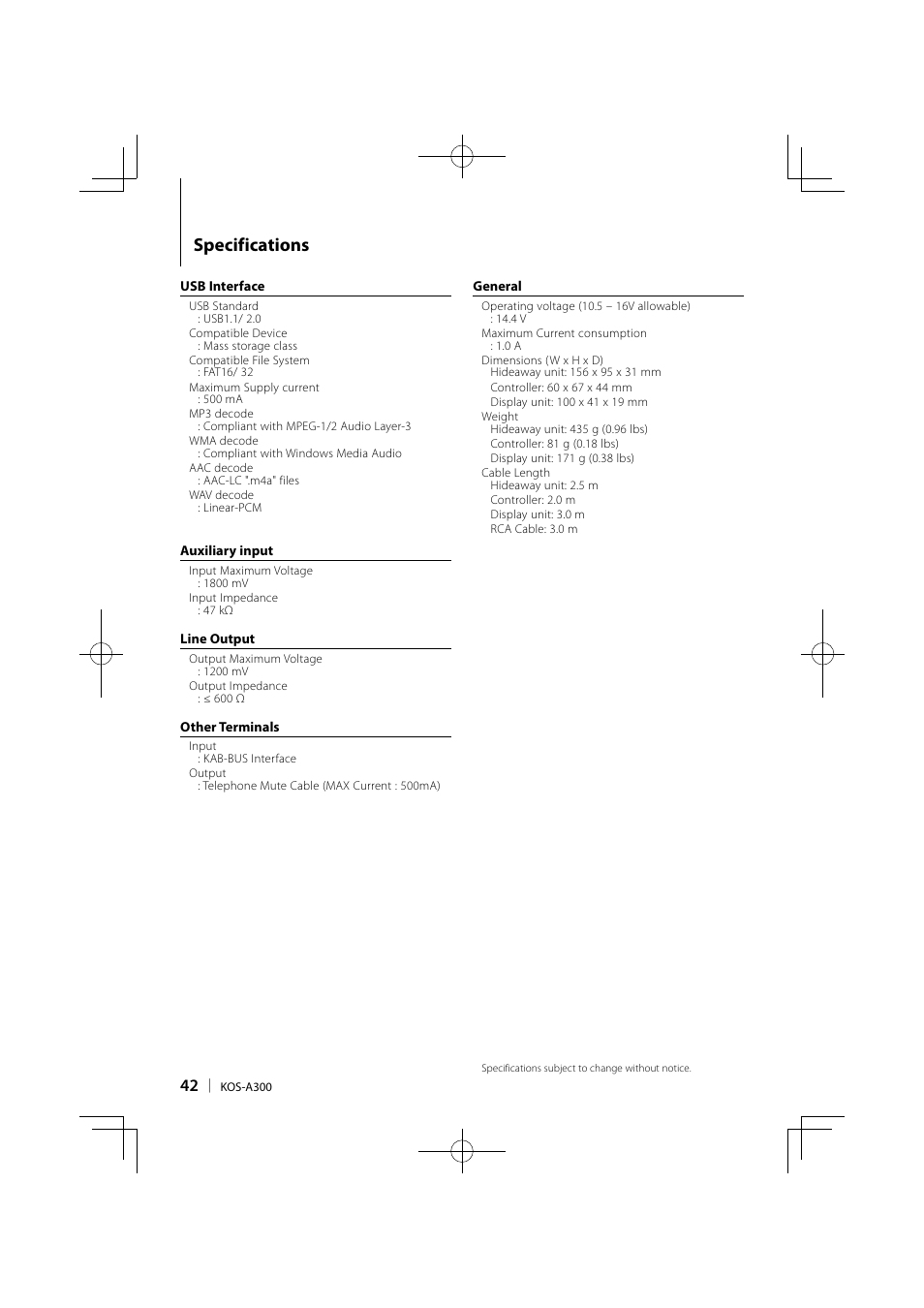 Specifications | Kenwood KOS-A300 User Manual | Page 42 / 44