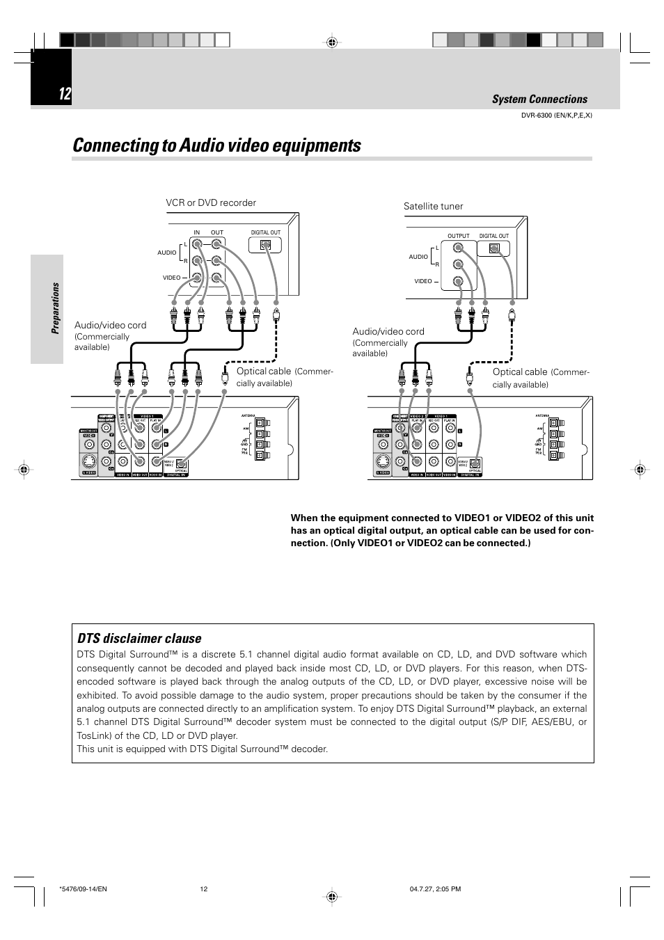 Connecting to audio video equipments, Dts disclaimer clause, System connections | Kenwood DVT-7300 User Manual | Page 12 / 48