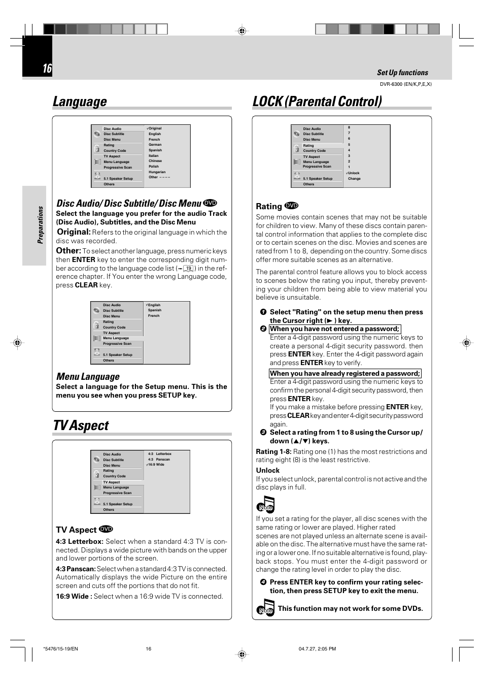 Language, Tv aspect, Lock (parental control) | Menu language, Disc audio/ disc subtitle/ disc menu, Rating, Original, Other, Set up functions, Preparations | Kenwood DVT-7300 User Manual | Page 16 / 48