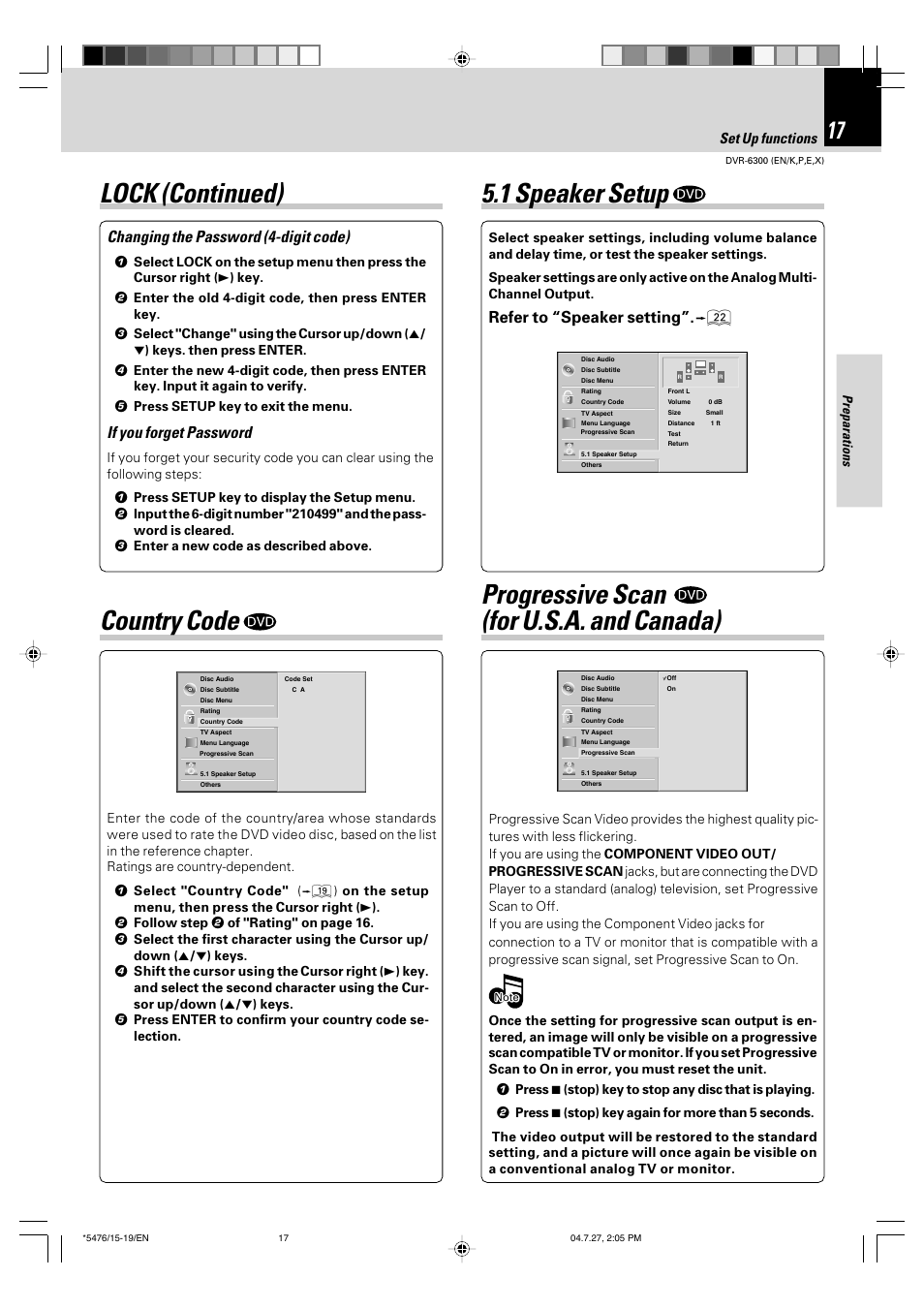 Country code lock (continued), 1 speaker setup, Progressive scan (for u.s.a. and canada) | Changing the password (4-digit code), If you forget password, Refer to “speaker setting, Set up functions | Kenwood DVT-7300 User Manual | Page 17 / 48