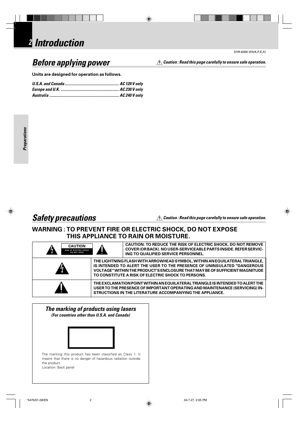 Introduction, Safety precautions, Before applying power | The marking of products using lasers | Kenwood DVT-7300 User Manual | Page 2 / 48