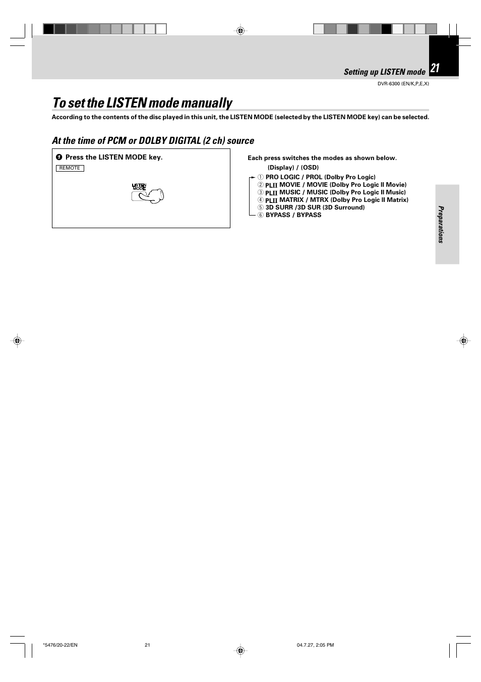 At the time of pcm or dolby digital (2 ch) source, Set up functions, Setting up listen mode | Kenwood DVT-7300 User Manual | Page 21 / 48