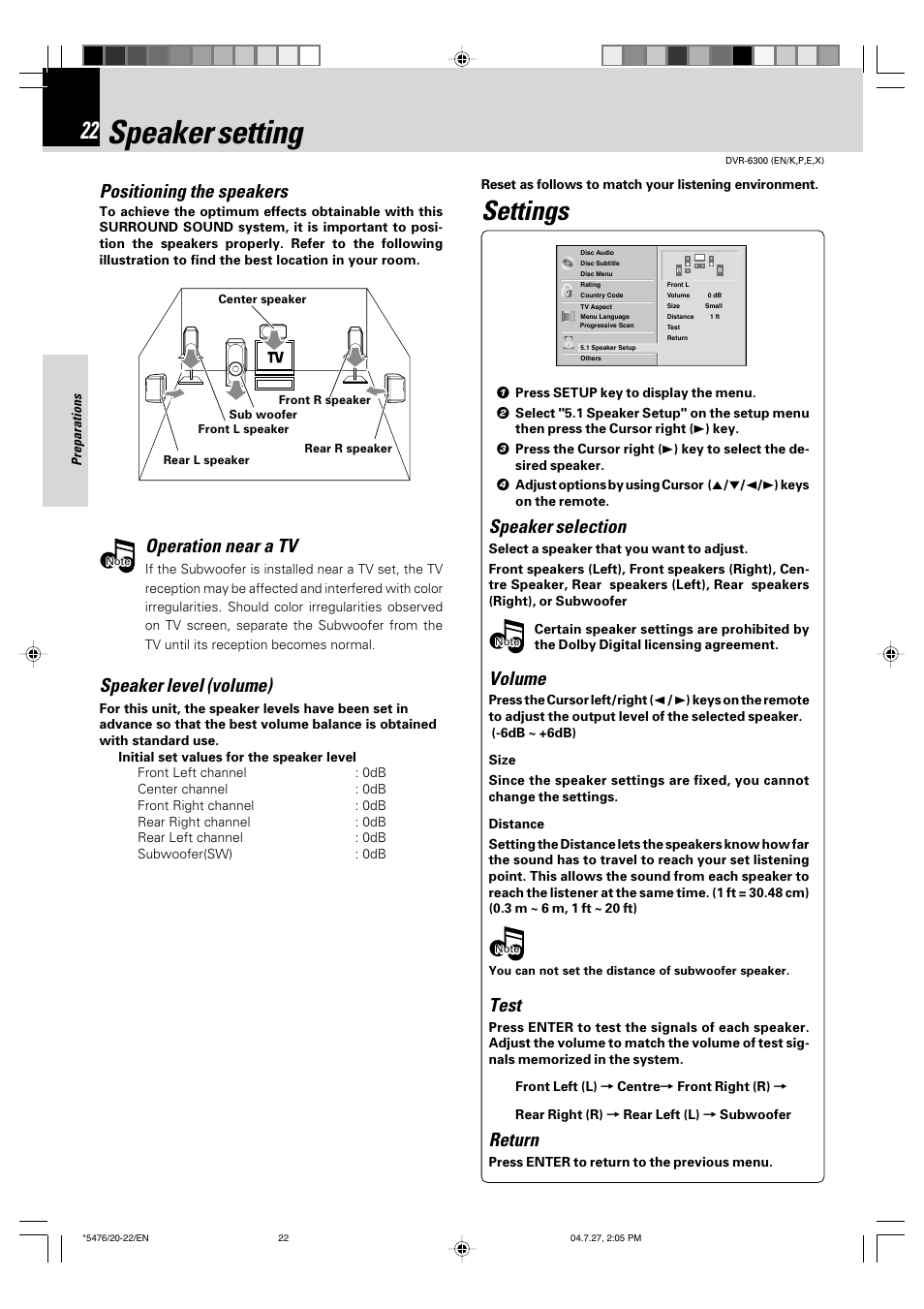 Speaker setting, Settings, Positioning the speakers | Speaker level (volume), Speaker selection, Volume, Test, Return, Operation near a tv, Set up functions | Kenwood DVT-7300 User Manual | Page 22 / 48