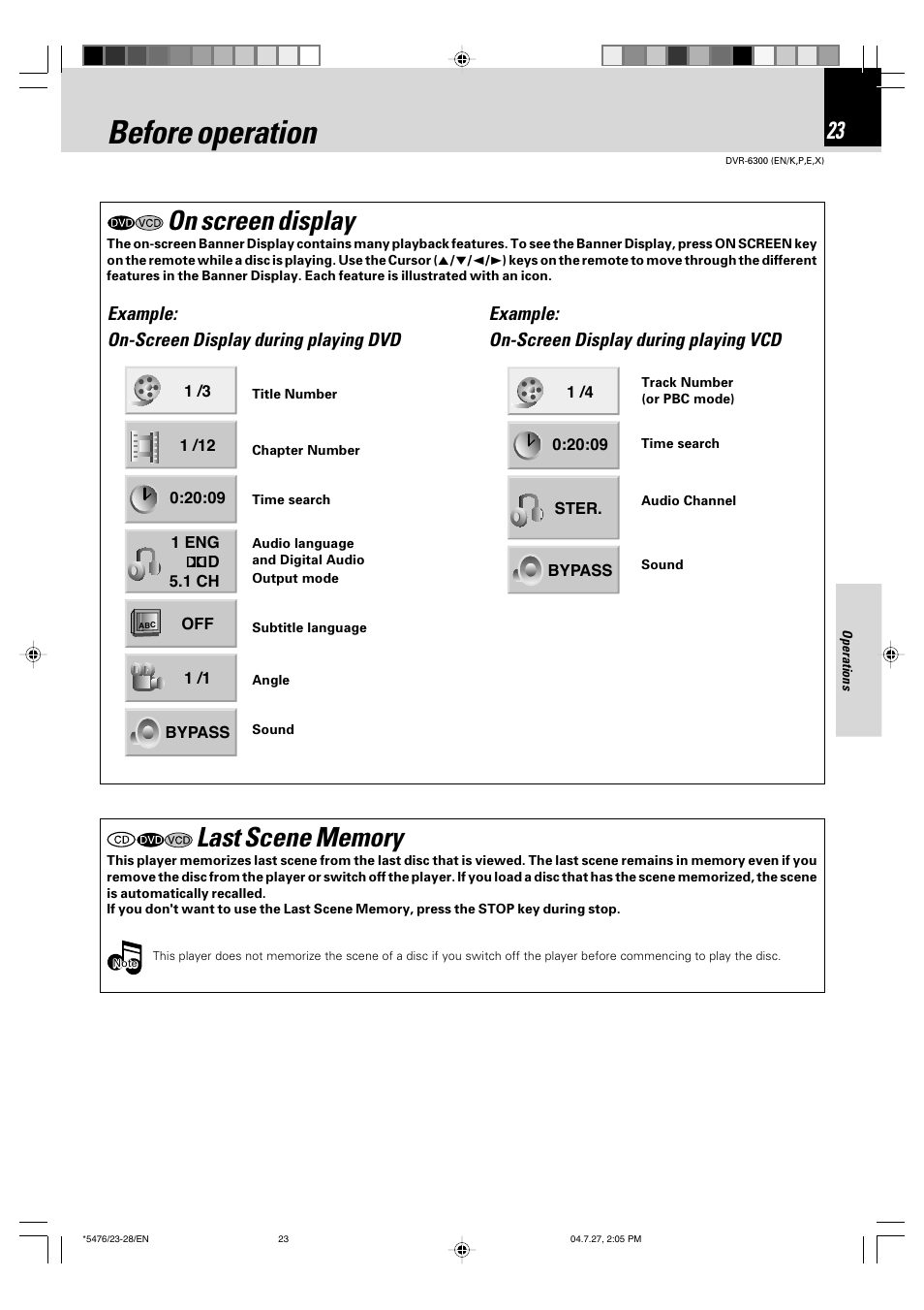 Before operation, On screen display, Example: on-screen display during playing dvd | Example: on-screen display during playing vcd | Kenwood DVT-7300 User Manual | Page 23 / 48