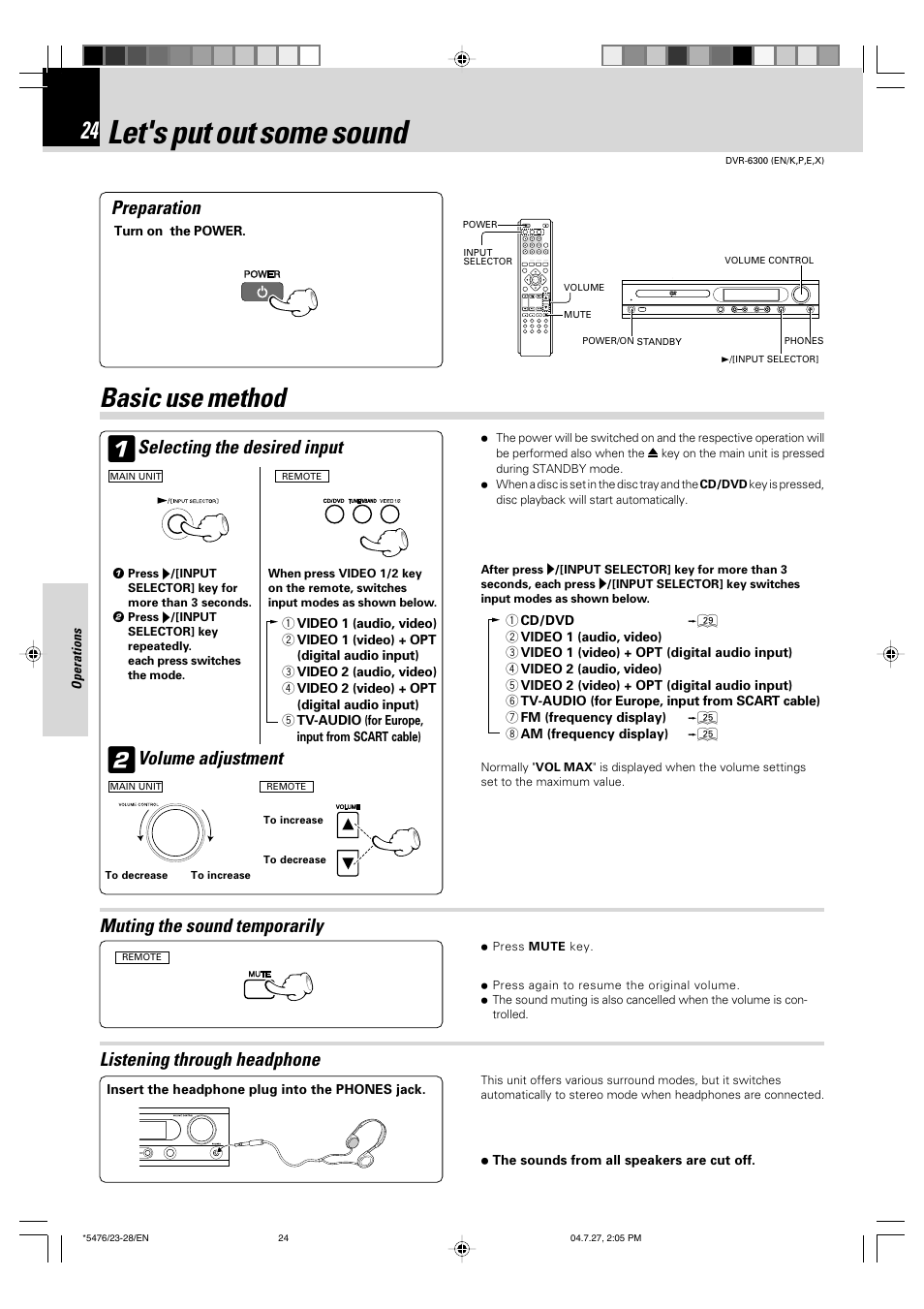 Let's put out some sound, Basic use method, Preparation | Selecting the desired input, Volume adjustment | Kenwood DVT-7300 User Manual | Page 24 / 48