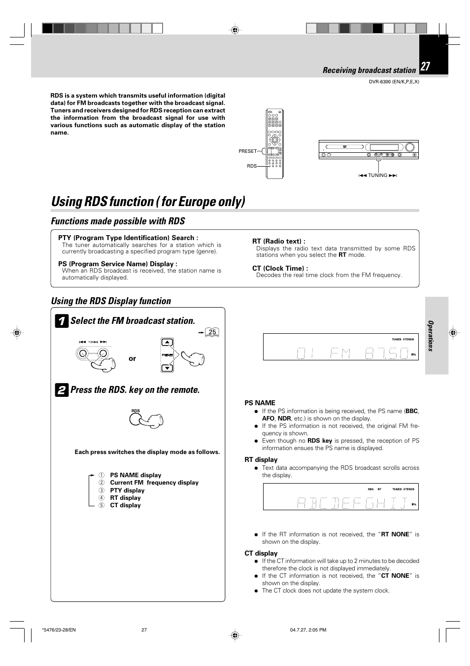 Using rds function ( for europe only), Functions made possible with rds, Press the rds. key on the remote | Kenwood DVT-7300 User Manual | Page 27 / 48