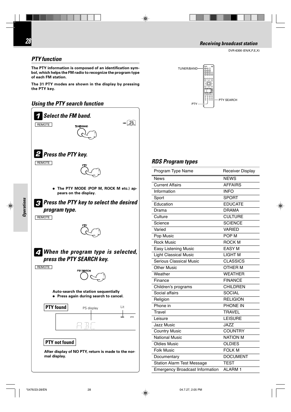 Rds program types, Pty function, Using the pty search function select the fm band | Press the pty key | Kenwood DVT-7300 User Manual | Page 28 / 48