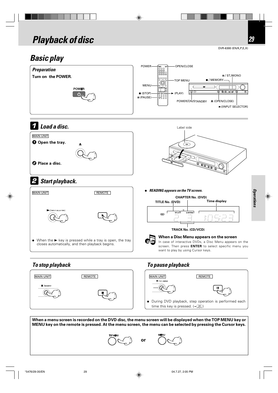 Playback of disc, Basic play, Load a disc | Start playback, Preparation | Kenwood DVT-7300 User Manual | Page 29 / 48