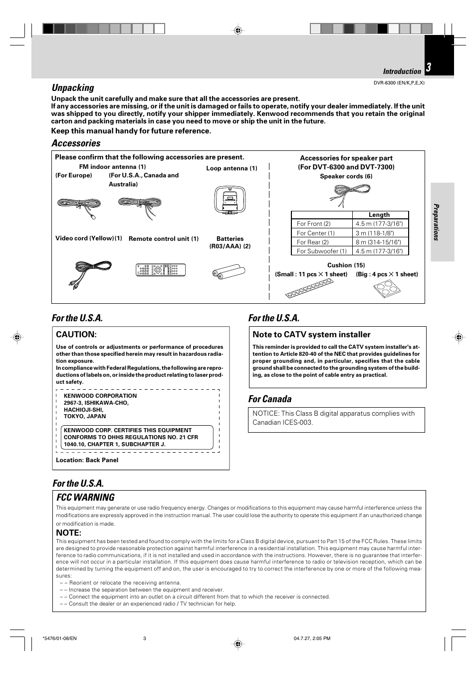 Unpacking, Accessories, Fcc warning | For the u.s.a, For the u.s.a. for canada | Kenwood DVT-7300 User Manual | Page 3 / 48