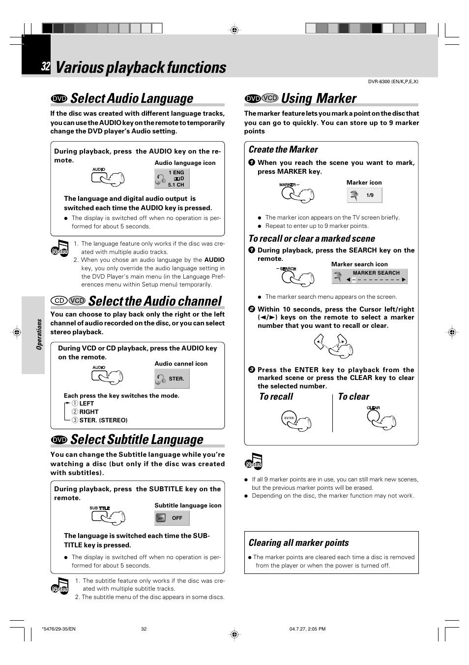 Various playback functions, Select audio language, Select subtitle language | Select the audio channel, Using marker, Create the marker, Clearing all marker points | Kenwood DVT-7300 User Manual | Page 32 / 48