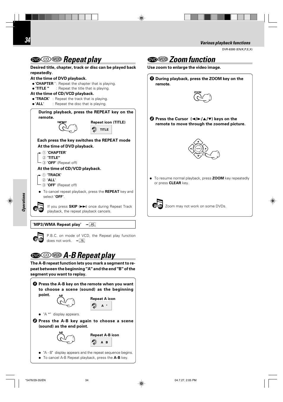 Repeat play, A-b repeat play, Zoom function | Kenwood DVT-7300 User Manual | Page 34 / 48