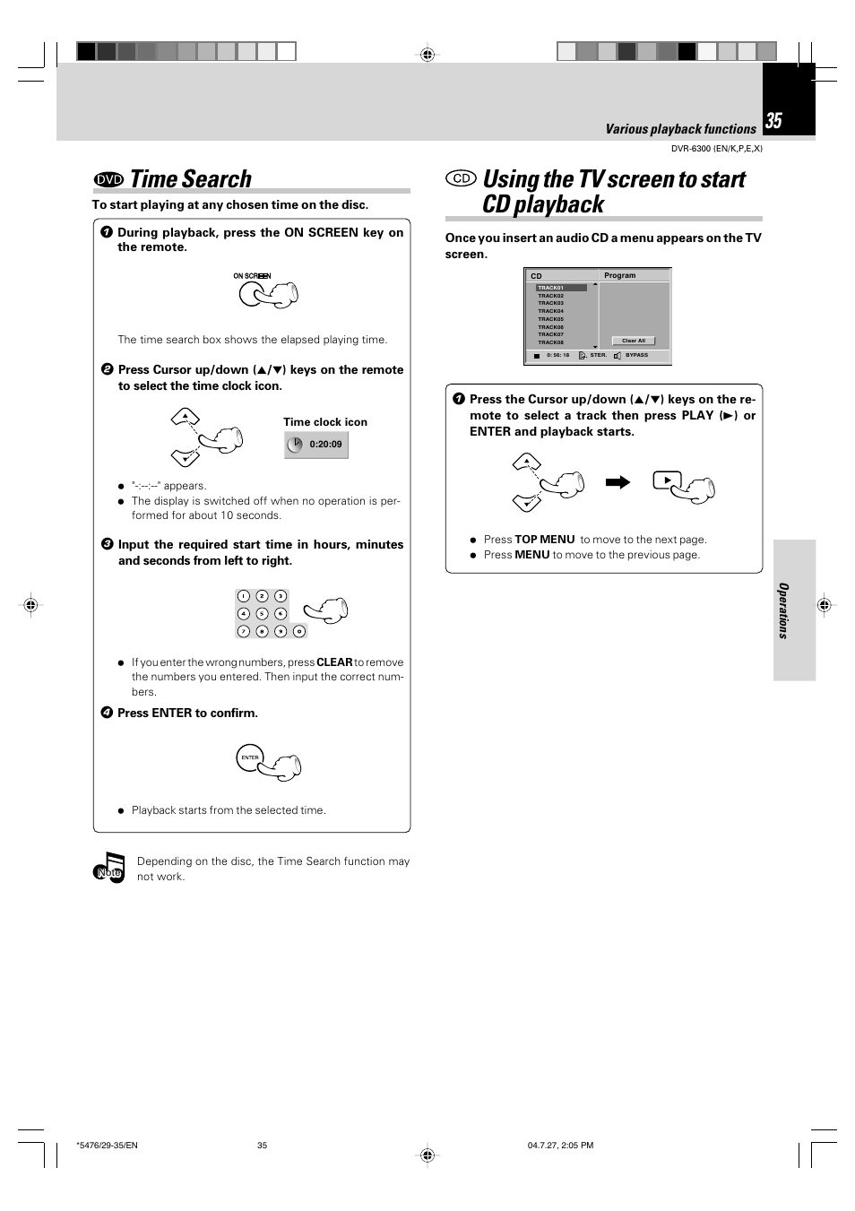 Time search, Using the tv screen to start cd playback | Kenwood DVT-7300 User Manual | Page 35 / 48