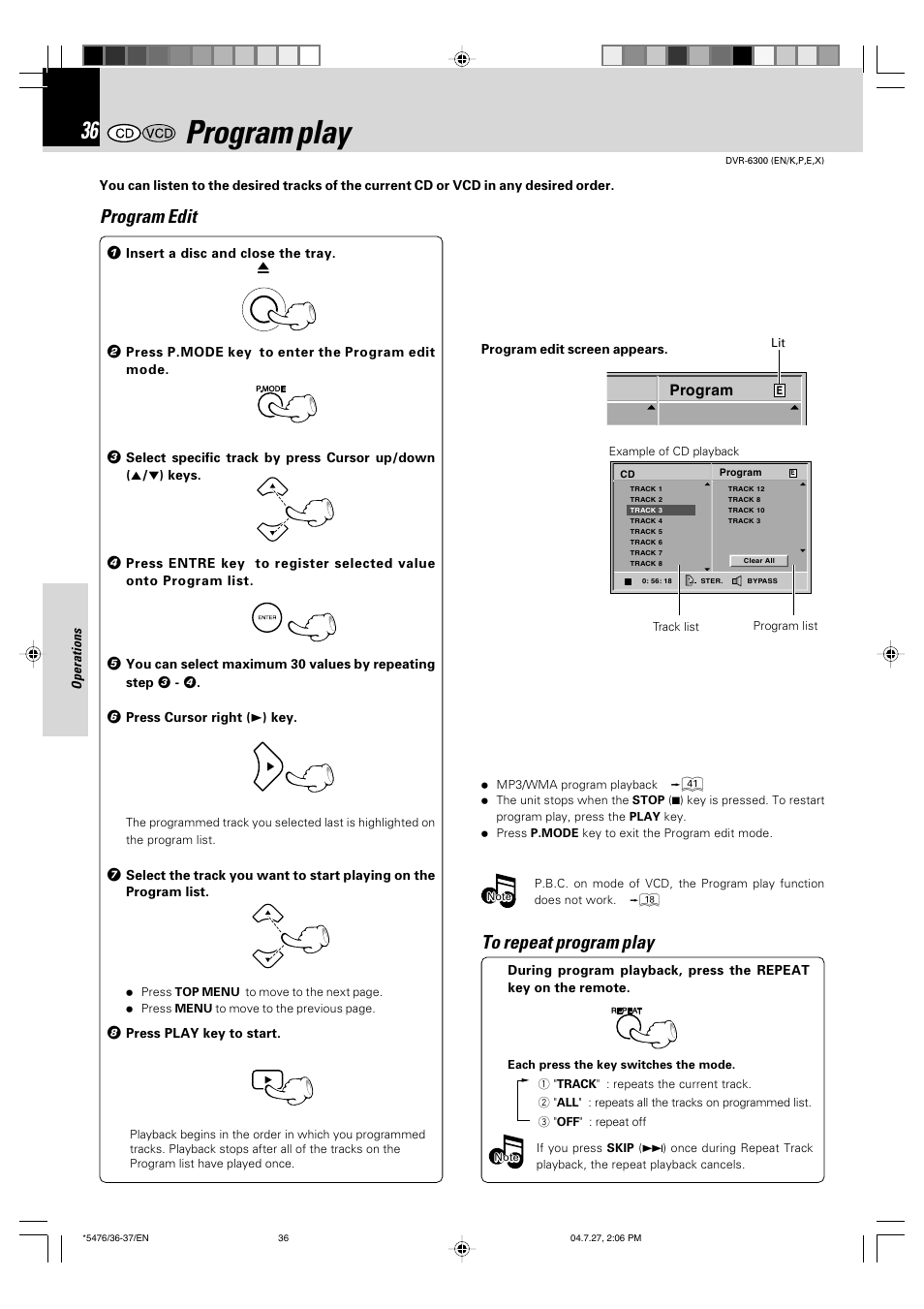 Program play, Program edit | Kenwood DVT-7300 User Manual | Page 36 / 48