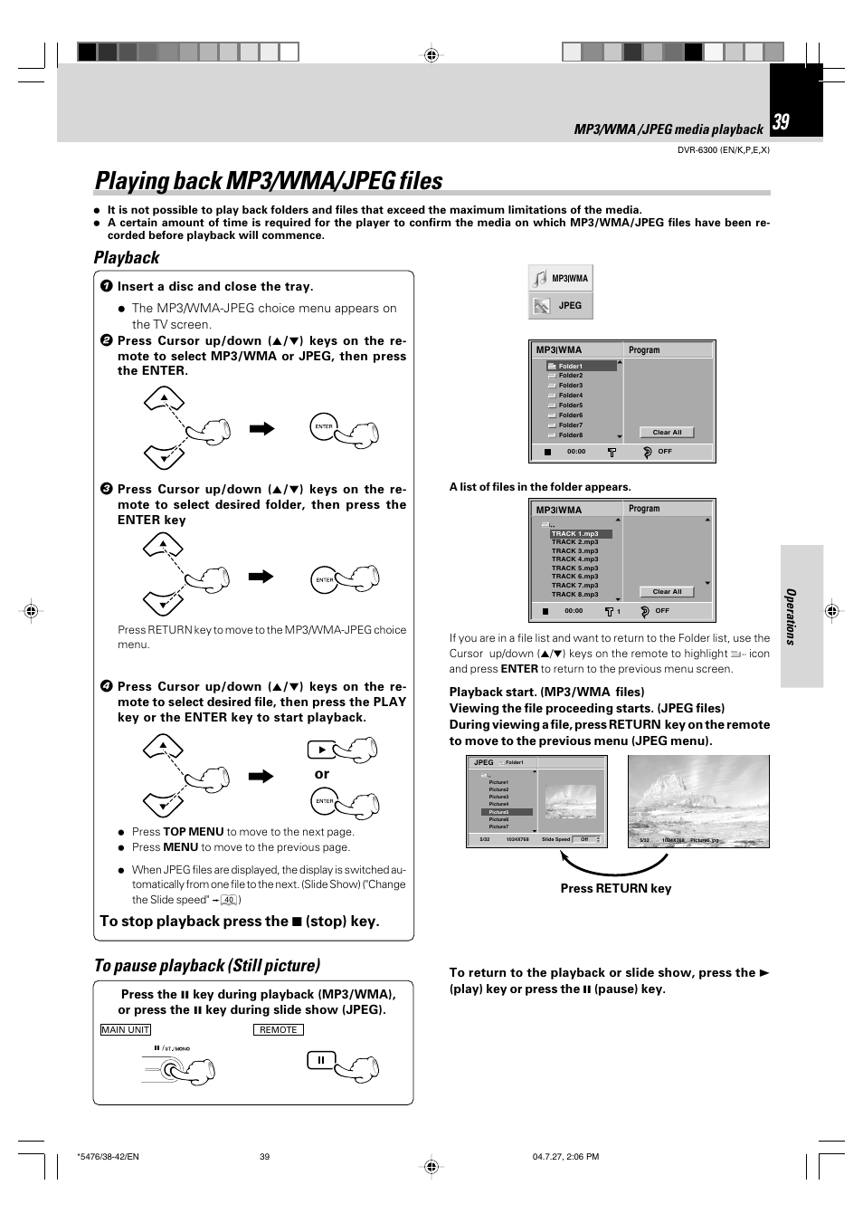 Playing back mp3/wma/jpeg files, Playback, Mp3/wma /jpeg media playback | Kenwood DVT-7300 User Manual | Page 39 / 48