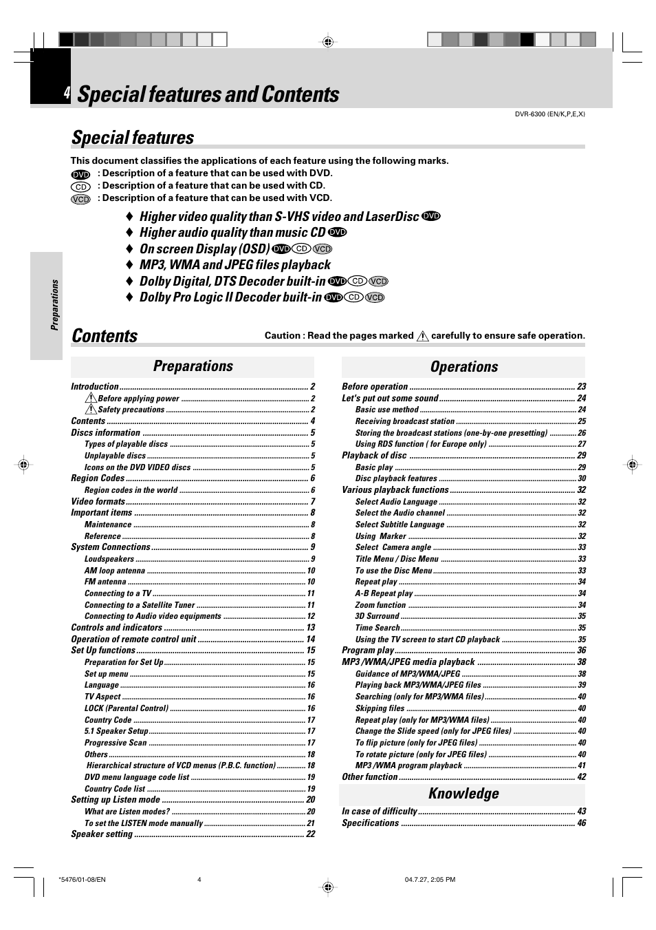 Special features and contents, Special features contents, Preparations knowledge | Operations | Kenwood DVT-7300 User Manual | Page 4 / 48