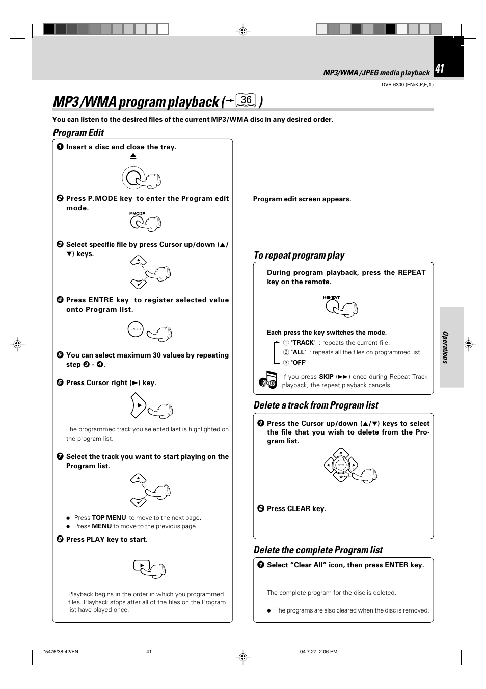 Mp3 /wma program playback, Program edit, Delete a track from program list | Delete the complete program list | Kenwood DVT-7300 User Manual | Page 41 / 48