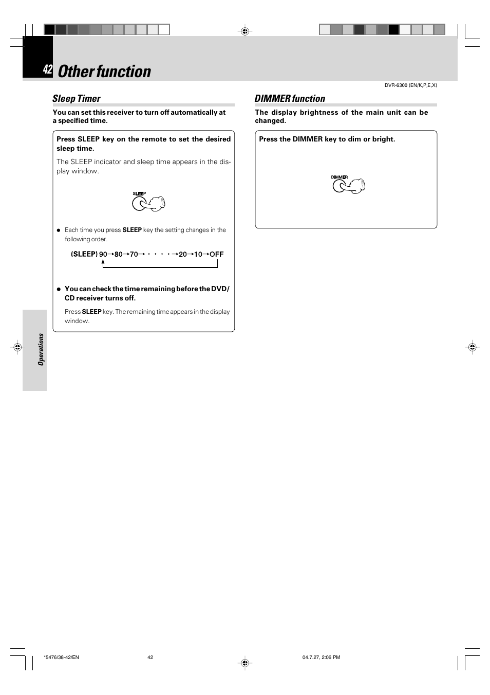 Other function, Sleep timer, Dimmer function | Kenwood DVT-7300 User Manual | Page 42 / 48