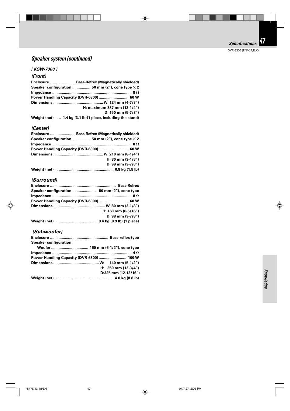 Speaker system (continued), Front), Center) | Surround), Subwoofer) | Kenwood DVT-7300 User Manual | Page 47 / 48