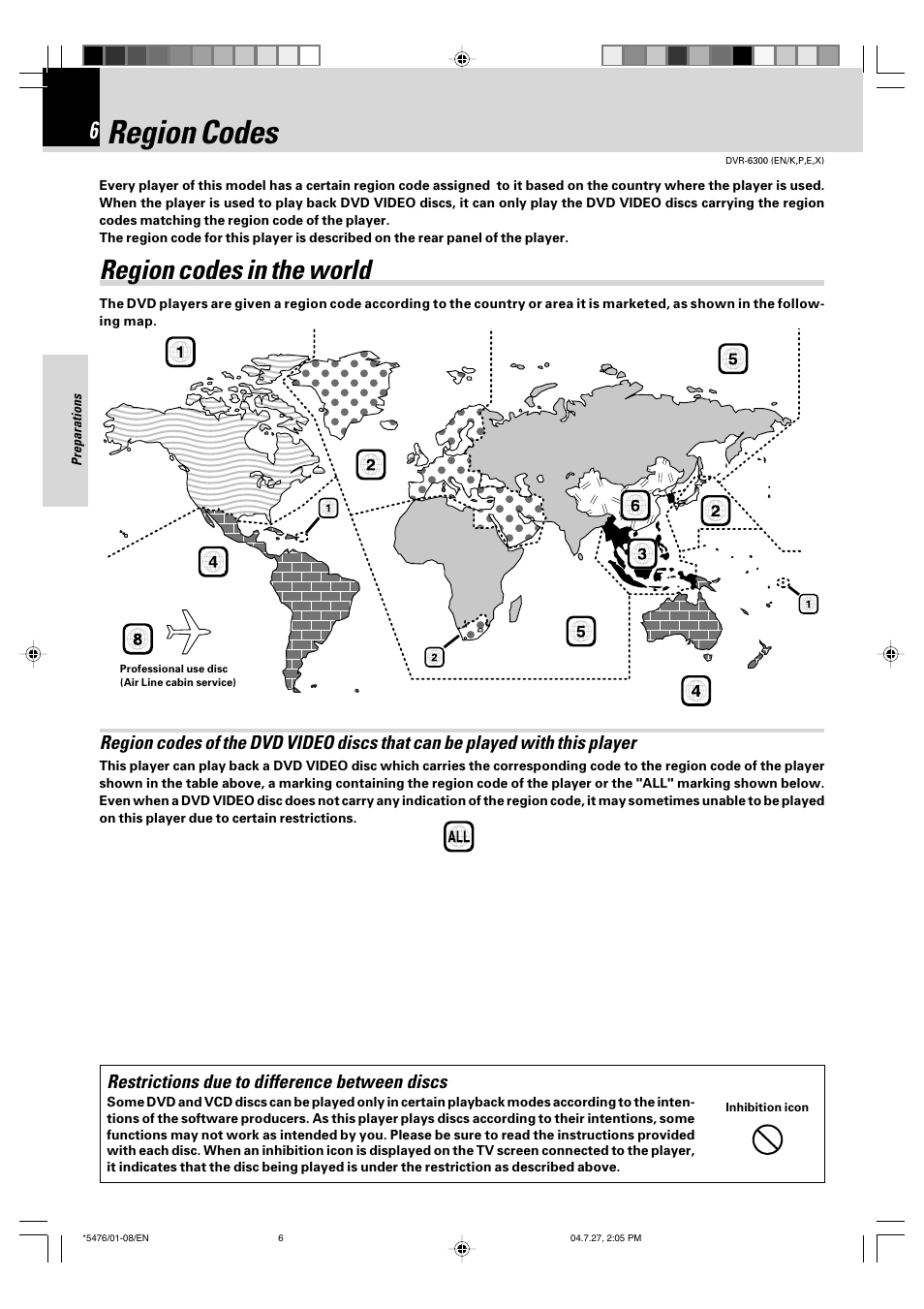 Region codes, Region codes in the world | Kenwood DVT-7300 User Manual | Page 6 / 48