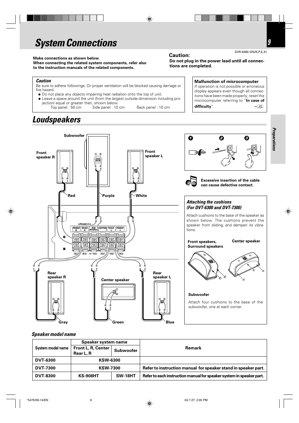 System connections, Loudspeakers, Speaker model name | Kenwood DVT-7300 User Manual | Page 9 / 48