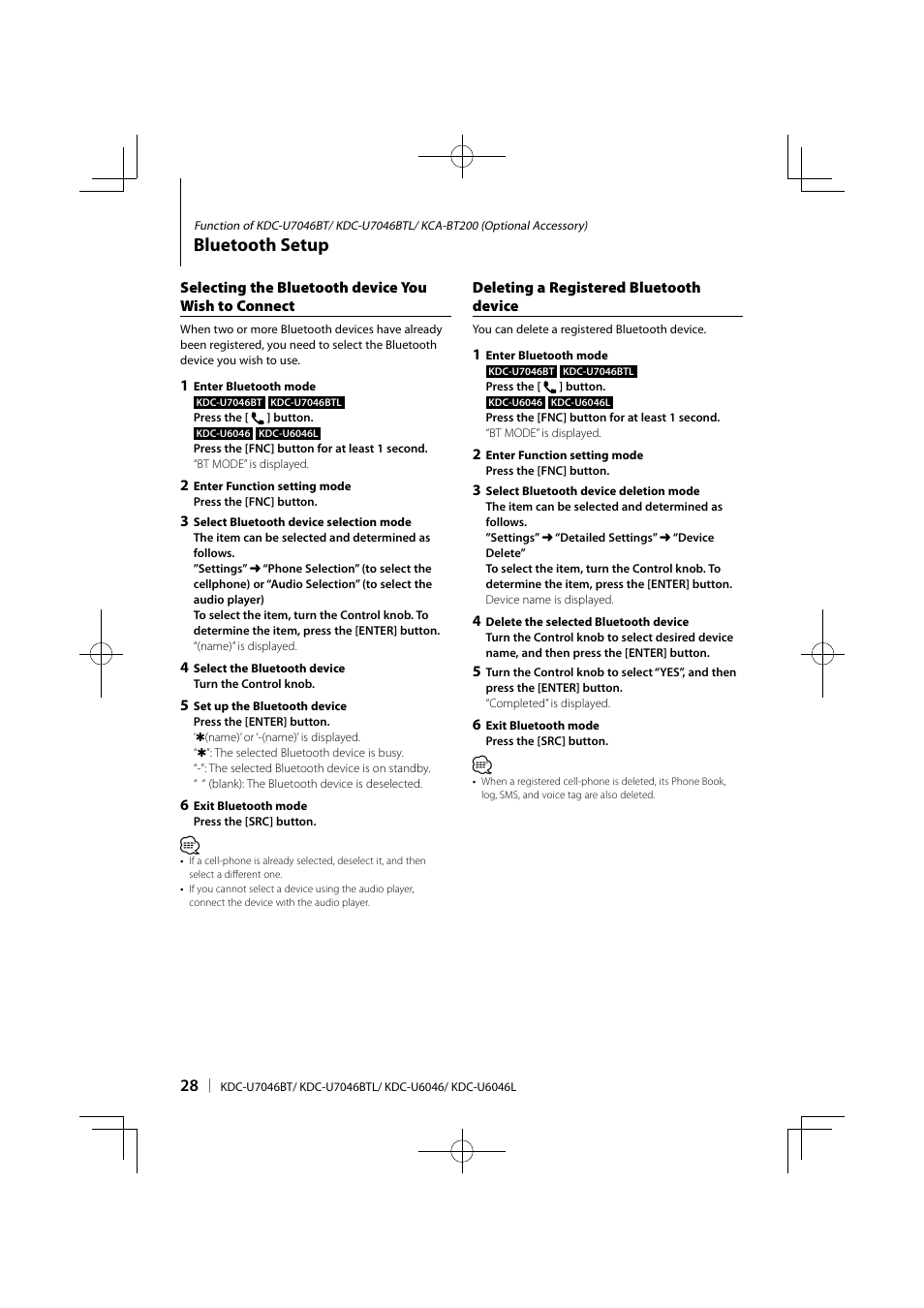 Bluetooth setup | Kenwood KDC-U6046L User Manual | Page 28 / 40