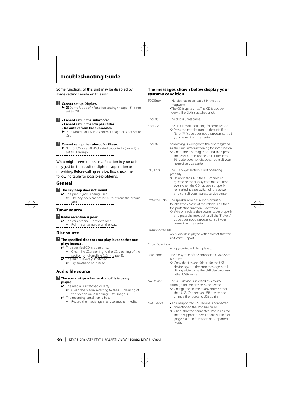 Troubleshooting guide | Kenwood KDC-U6046L User Manual | Page 36 / 40