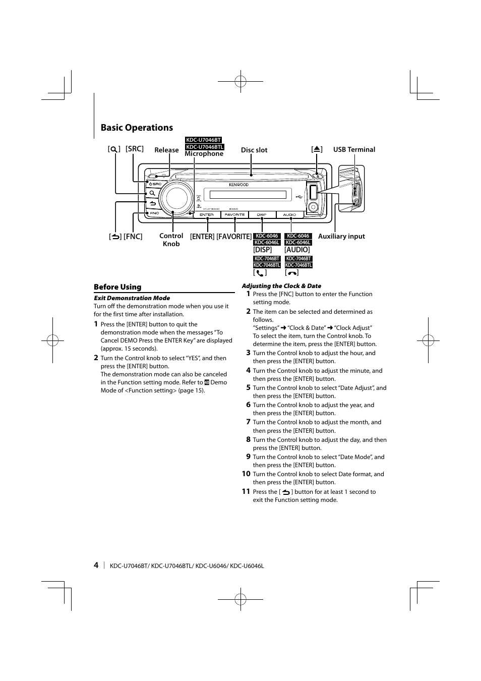 Basic operations | Kenwood KDC-U6046L User Manual | Page 4 / 40