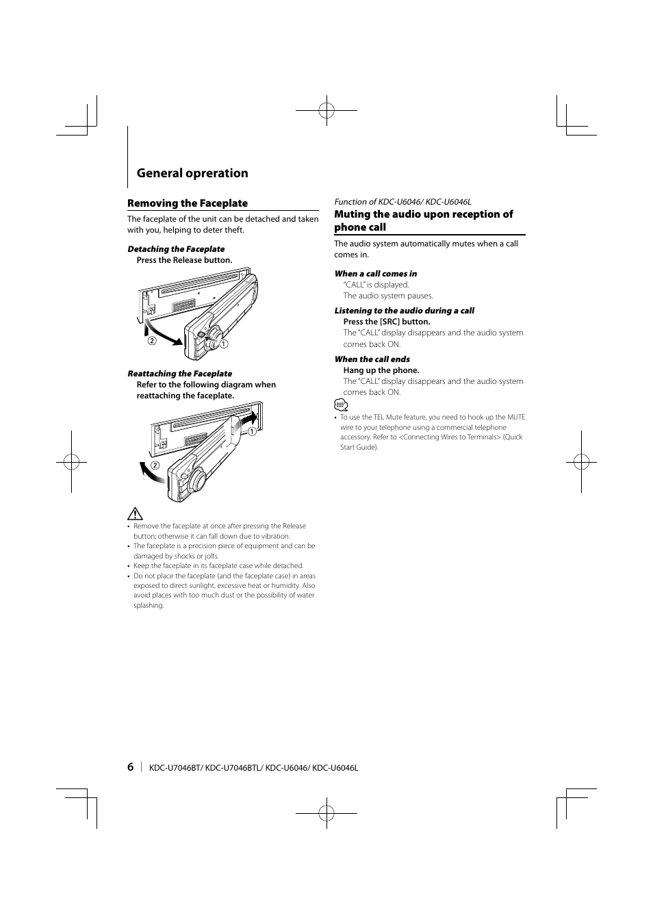 General opreration | Kenwood KDC-U6046L User Manual | Page 6 / 40