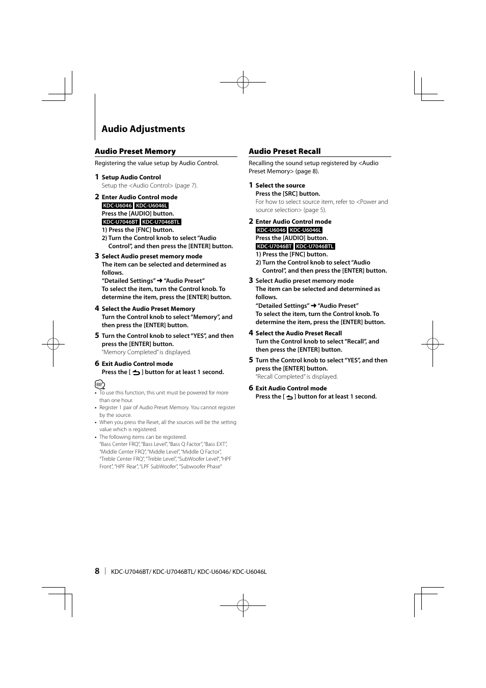 Audio adjustments | Kenwood KDC-U6046L User Manual | Page 8 / 40