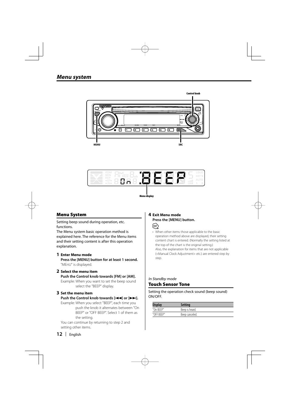 Menu system | Kenwood KDC-135 User Manual | Page 12 / 56