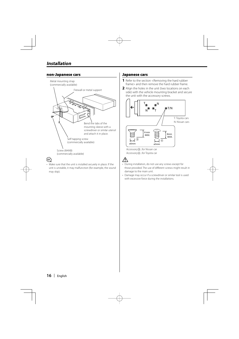 Installation, Non-japanese cars, Japanese cars 1 | Kenwood KDC-135 User Manual | Page 16 / 56