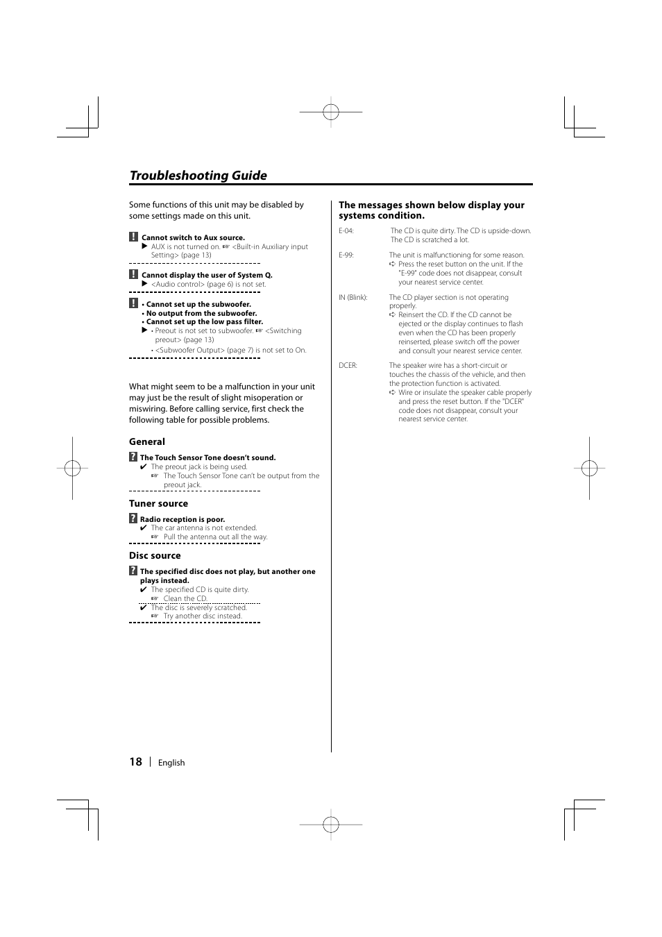 Troubleshooting guide | Kenwood KDC-135 User Manual | Page 18 / 56