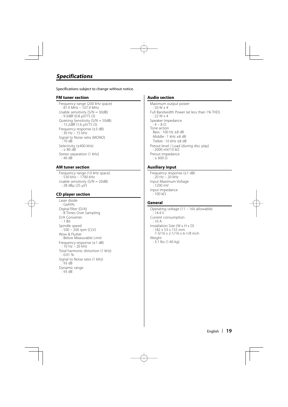 Specifications | Kenwood KDC-135 User Manual | Page 19 / 56