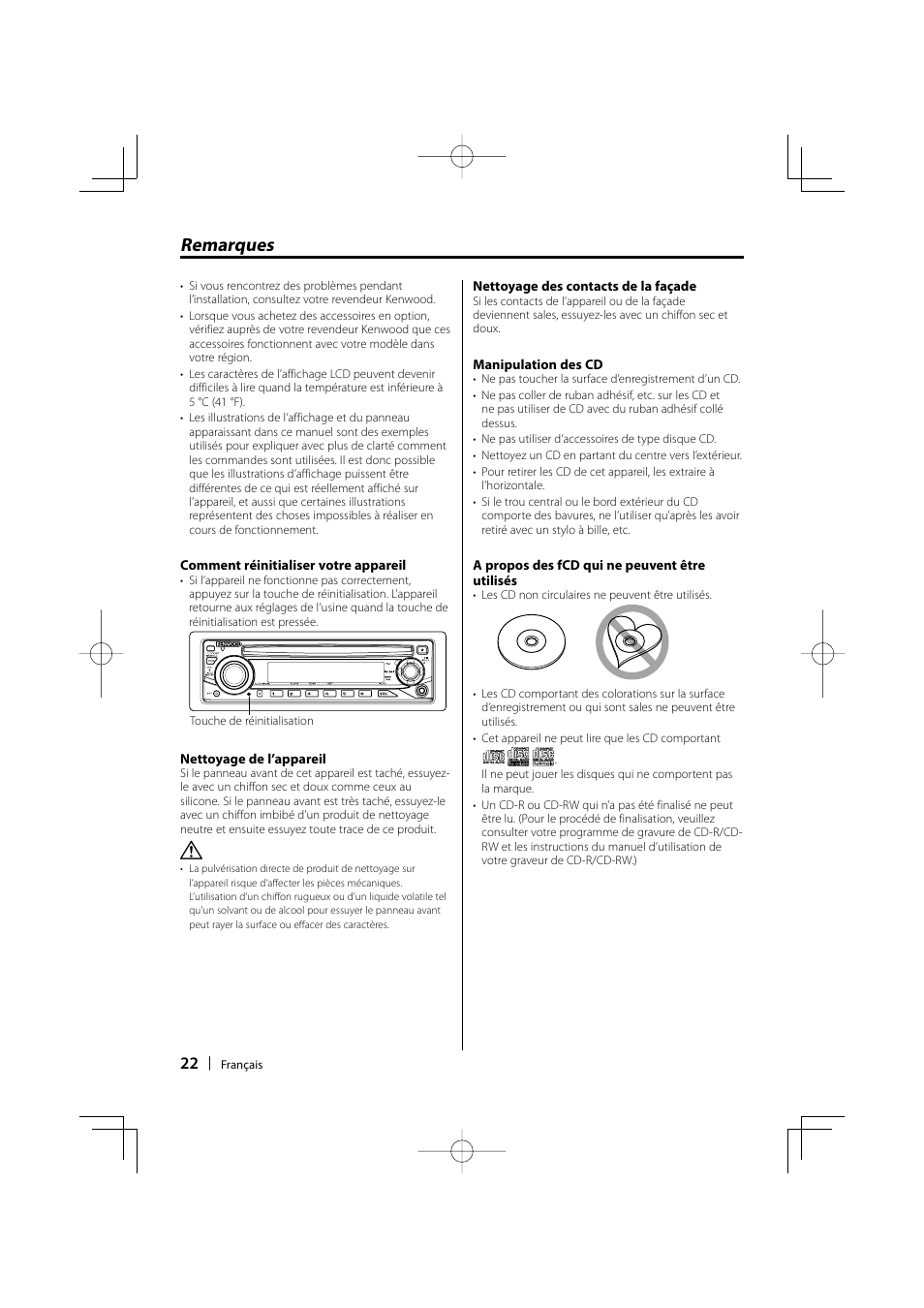 Remarques | Kenwood KDC-135 User Manual | Page 22 / 56