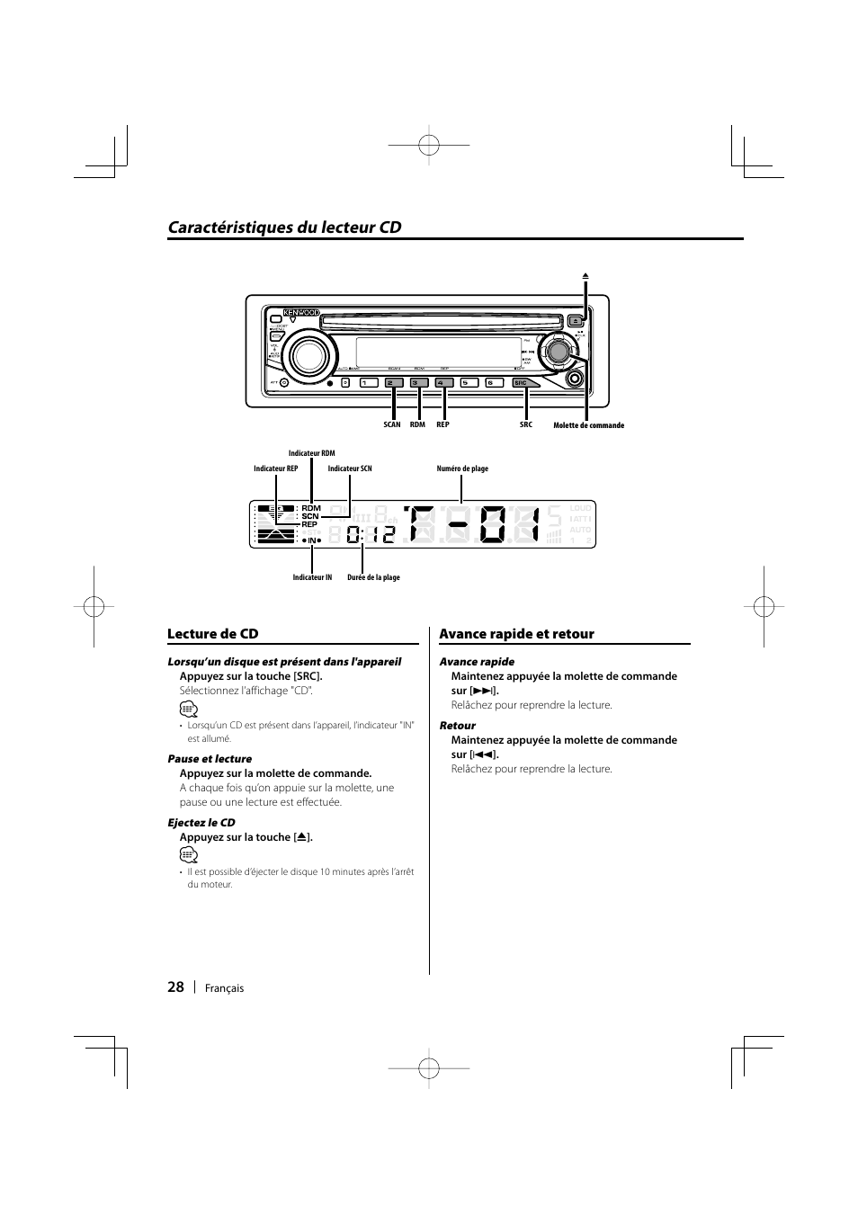 Caractéristiques du lecteur cd, Lecture de cd, Avance rapide et retour | Kenwood KDC-135 User Manual | Page 28 / 56