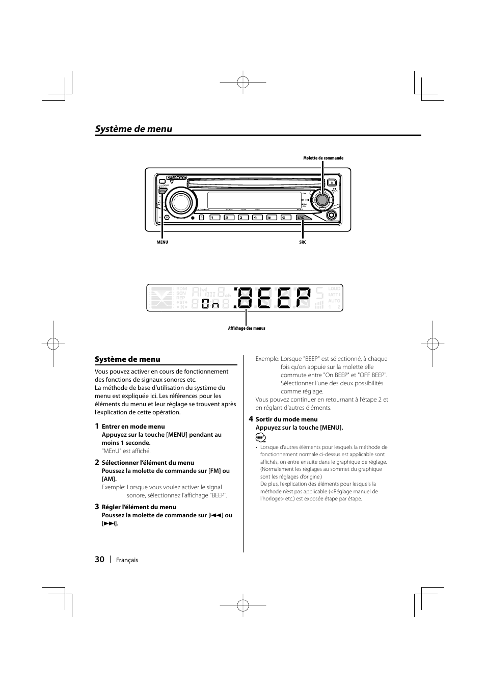 Système de menu | Kenwood KDC-135 User Manual | Page 30 / 56