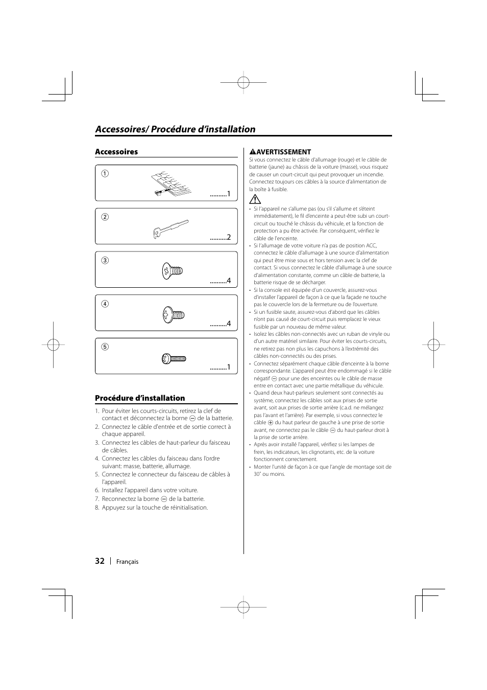 Accessoires/ procédure d’installation | Kenwood KDC-135 User Manual | Page 32 / 56