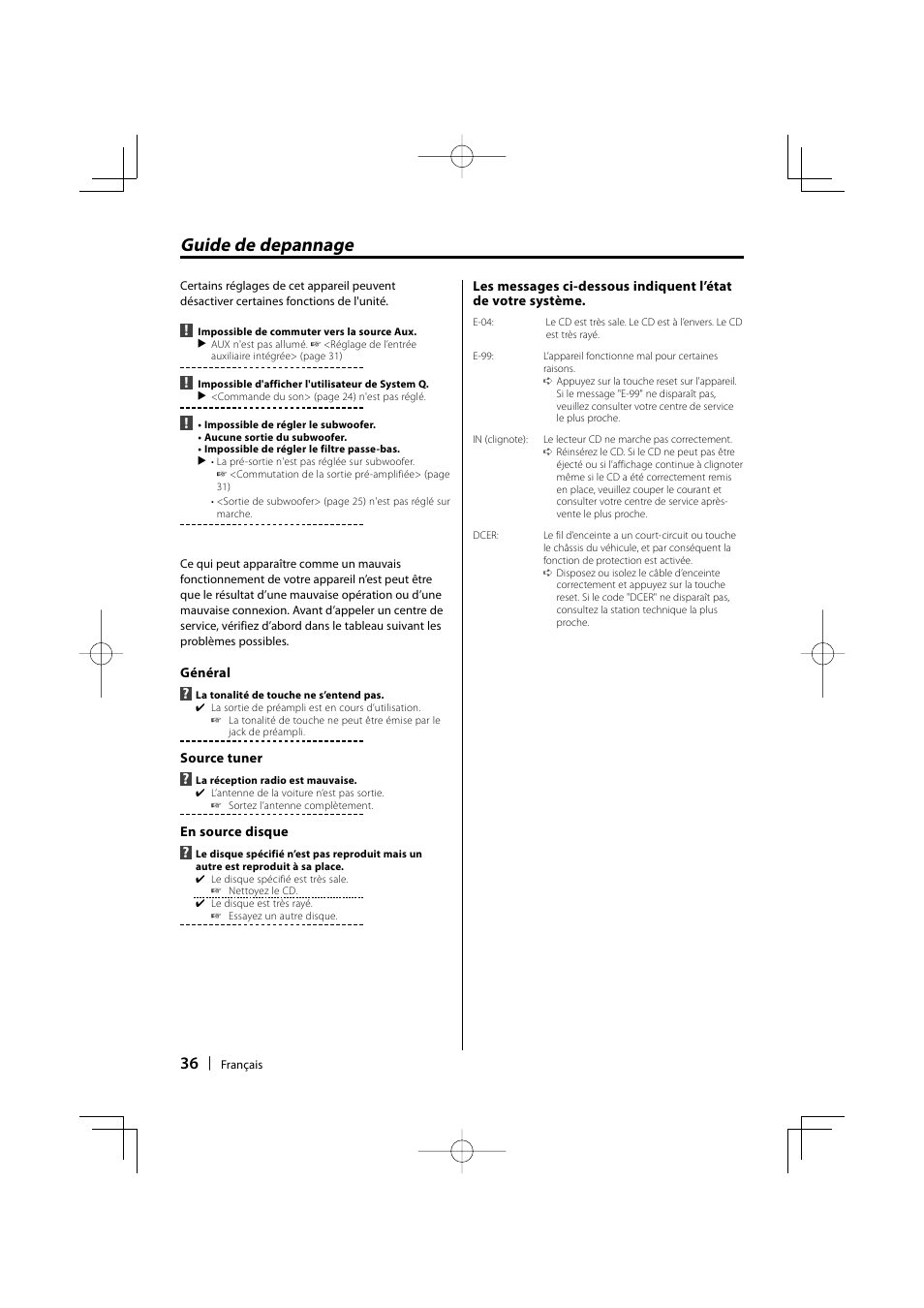 Guide de depannage | Kenwood KDC-135 User Manual | Page 36 / 56