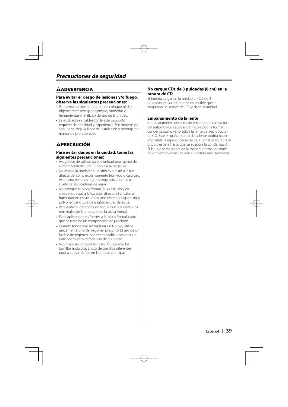 Precauciones de seguridad | Kenwood KDC-135 User Manual | Page 39 / 56