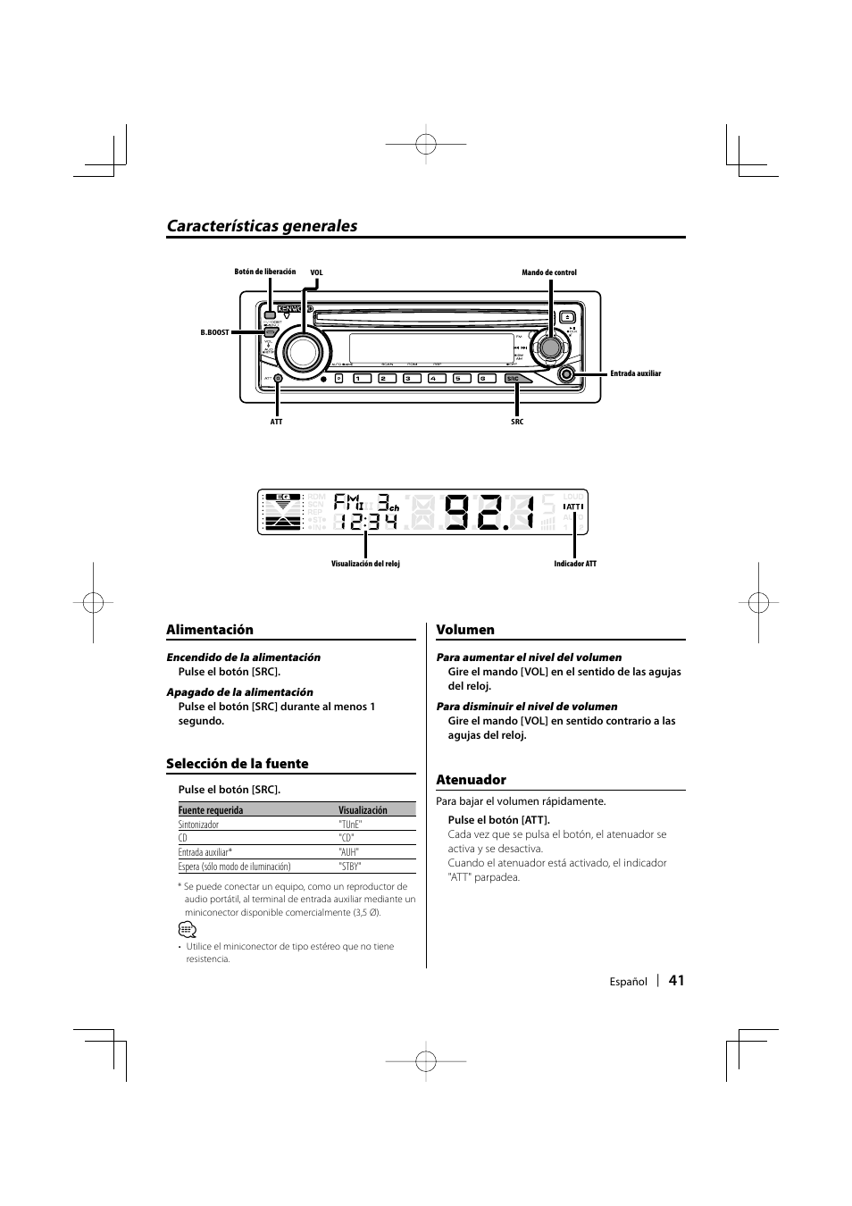 Características generales, Alimentación, Selección de la fuente | Volumen, Atenuador | Kenwood KDC-135 User Manual | Page 41 / 56