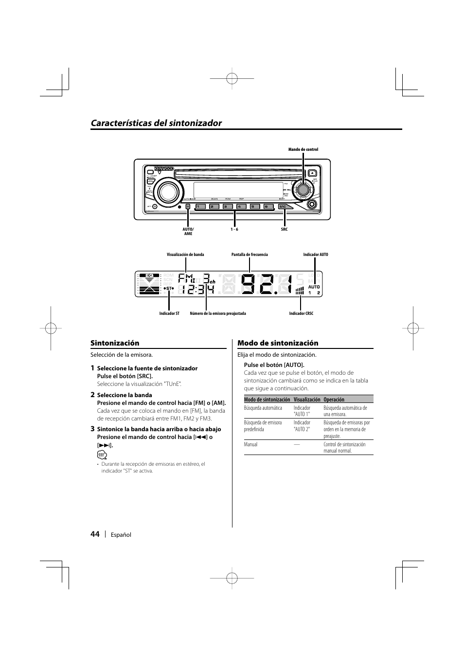 Características del sintonizador, Sintonización, Modo de sintonización | Kenwood KDC-135 User Manual | Page 44 / 56