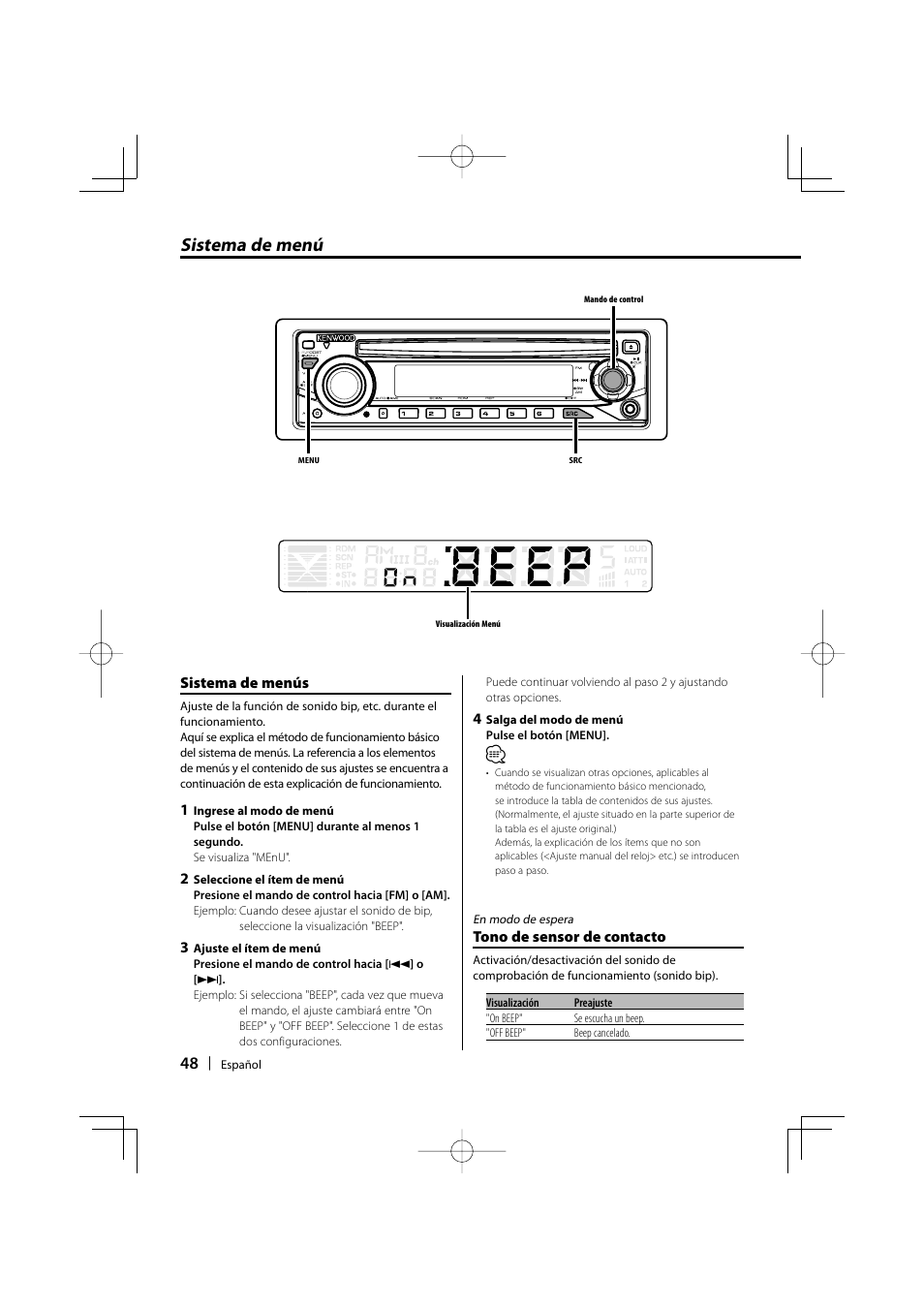 Sistema de menú | Kenwood KDC-135 User Manual | Page 48 / 56