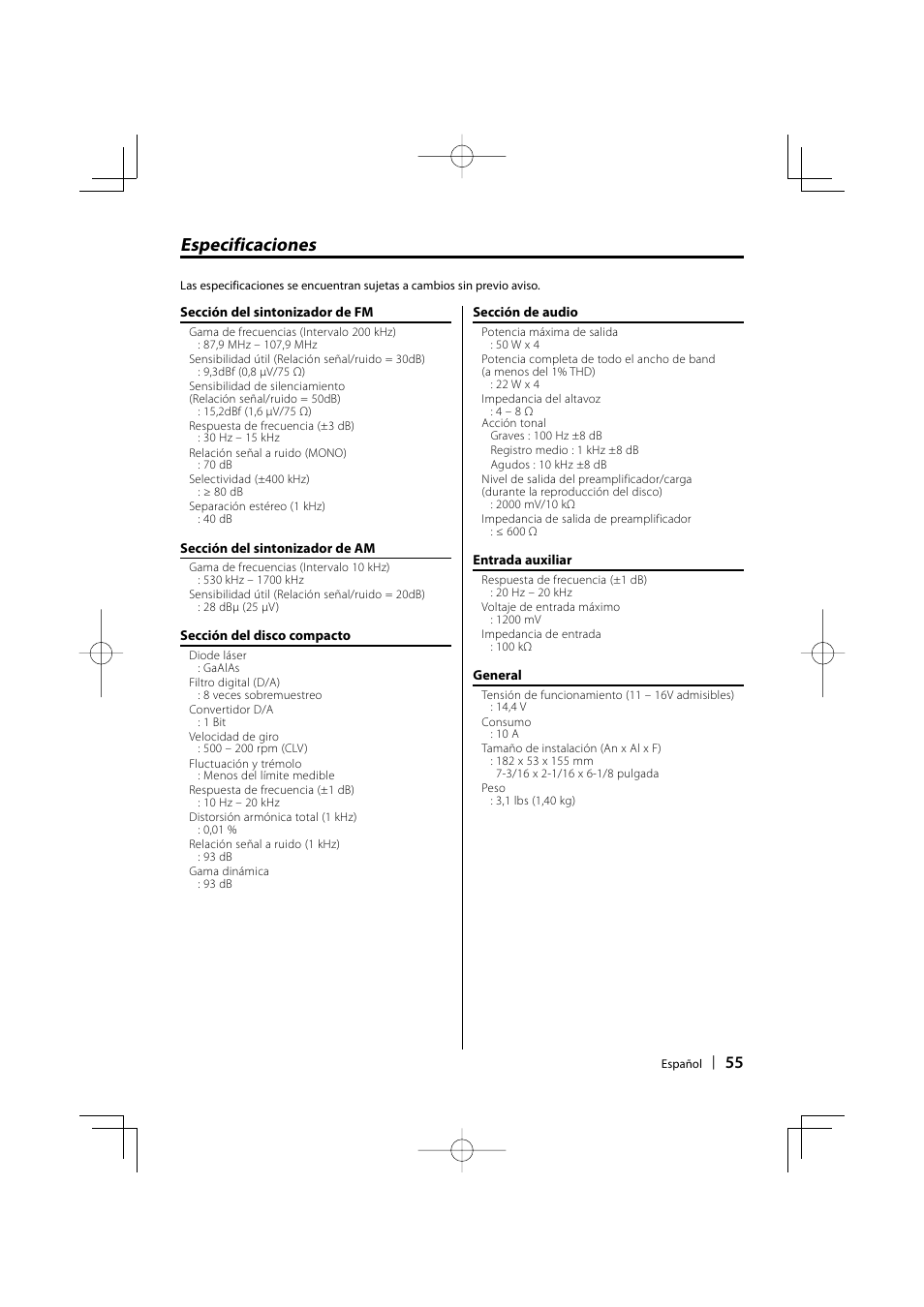 Especificaciones | Kenwood KDC-135 User Manual | Page 55 / 56