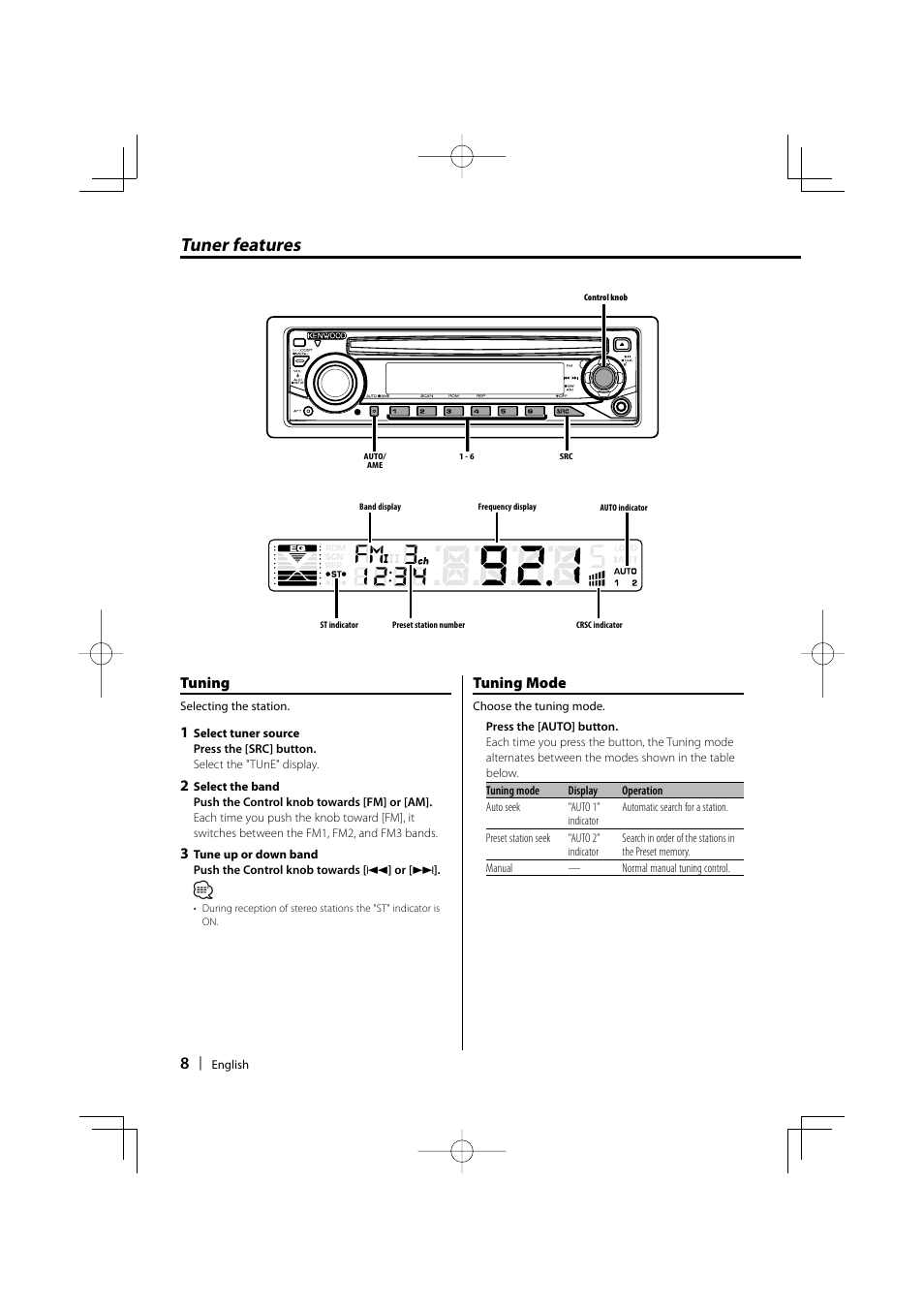 Tuner features, Tuning, Tuning mode | Kenwood KDC-135 User Manual | Page 8 / 56